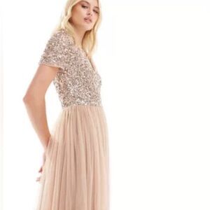 Adrianna Papell Sequined Tulle Cap Sleeve Gown Blush Pink Maxi Dress 2